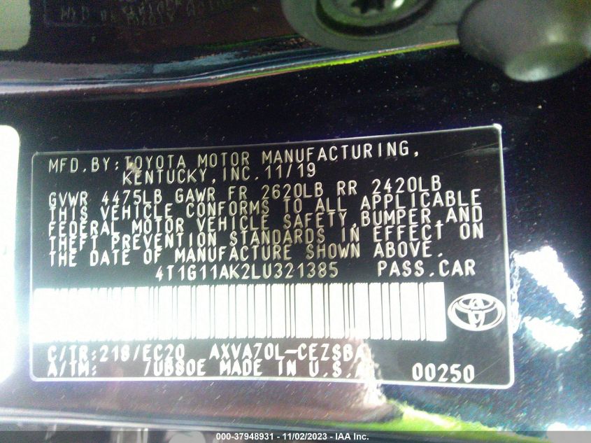 2020 TOYOTA CAMRY SE/SE NIGHT SHADE - 4T1G11AK2LU321385