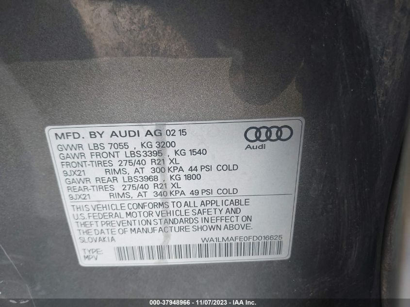 2015 AUDI Q7 3.0 TDI PREMIUM - WA1LMAFE0FD016625