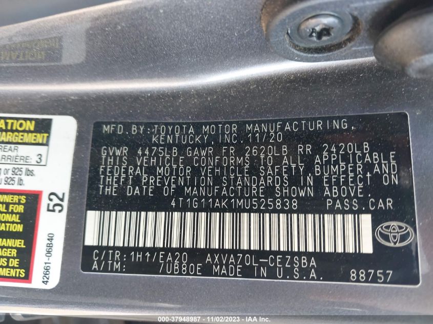 2021 TOYOTA CAMRY SE/SE NIGHT SHADE - 4T1G11AK1MU525838