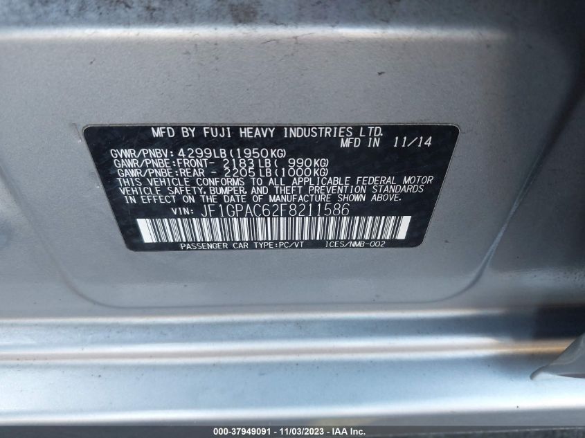 2015 SUBARU IMPREZA 2.0I PREMIUM - JF1GPAC62F8211586
