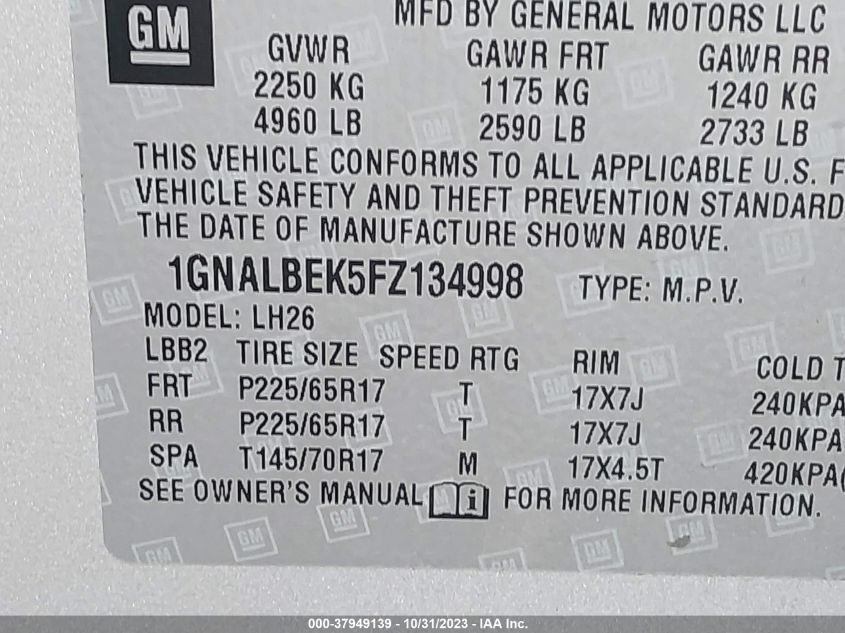 2015 CHEVROLET EQUINOX LT - 1GNALBEK5FZ134998