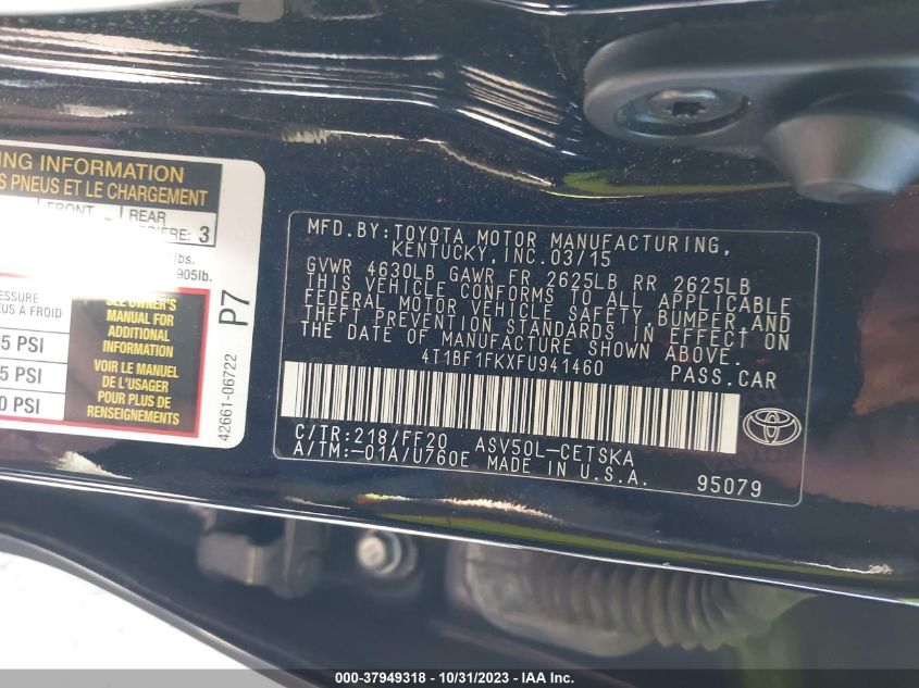 2015 TOYOTA CAMRY LE/XLE/SE/XSE - 4T1BF1FKXFU941460
