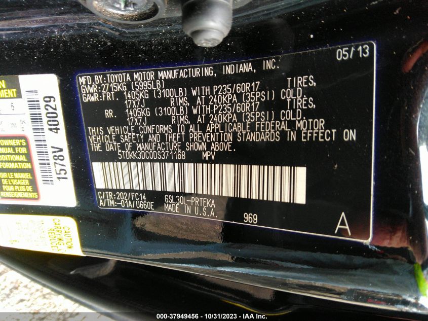 2013 TOYOTA SIENNA LE - 5TDKK3DC0DS371168