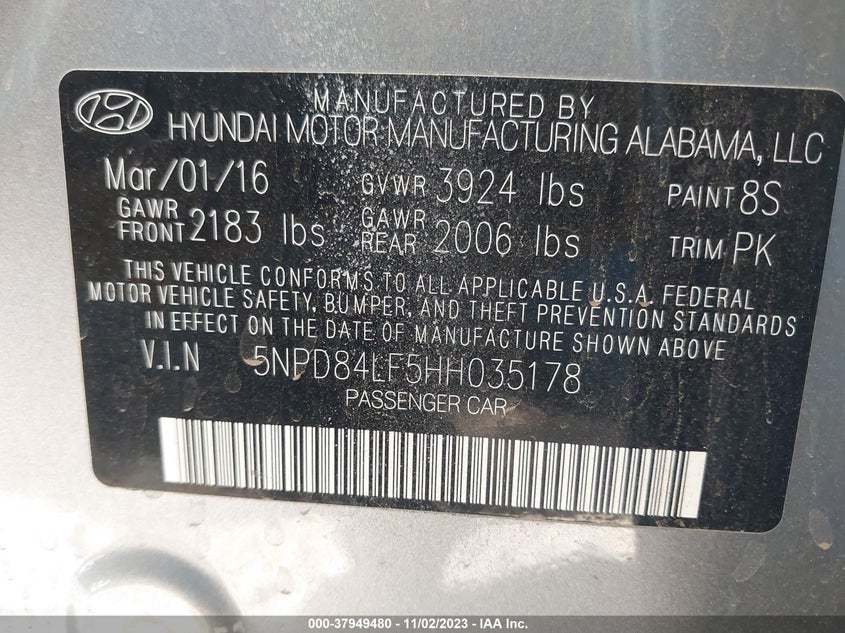 VIN 5NPD84LF5HH035178 2017 HYUNDAI ELANTRA SE/VALUE/LIMITED