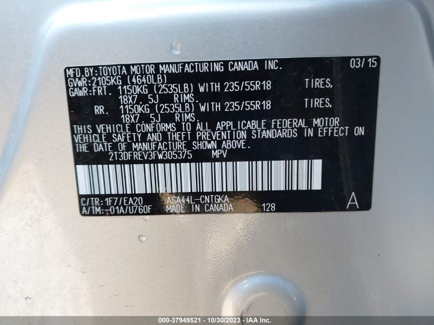 2015 TOYOTA RAV4 LIMITED - 2T3DFREV3FW305375