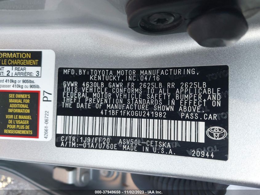 2016 TOYOTA CAMRY SE - 4T1BF1FK0GU241982