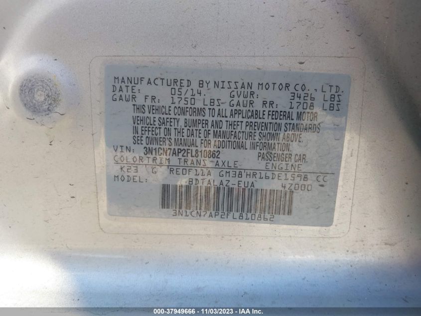 2015 NISSAN VERSA S PLUS - 3N1CN7AP2FL810862