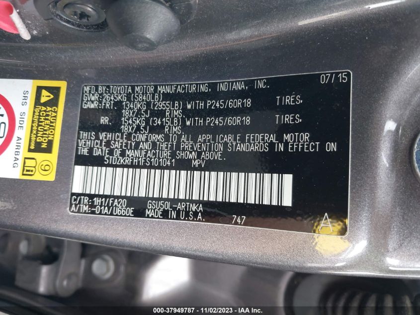 2015 TOYOTA HIGHLANDER LE PLUS V6 - 5TDZKRFH1FS101041