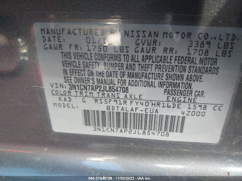 2018 NISSAN VERSA 1.6 S - 3N1CN7AP2JL854708