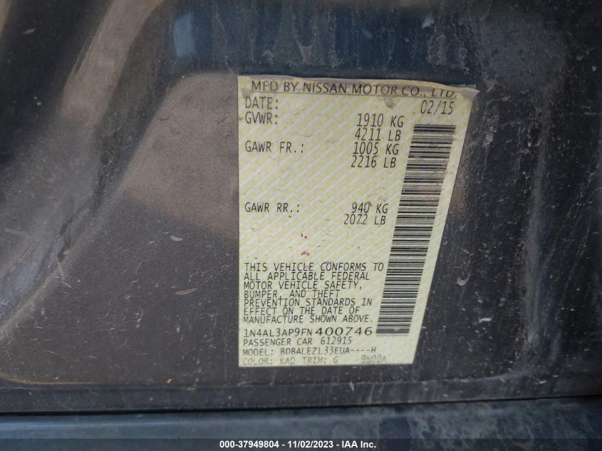 2015 NISSAN ALTIMA 2.5/S/SV/SL - 1N4AL3APQFN400746