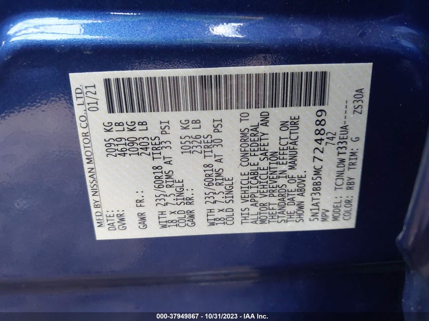 VIN 5N1AT3BB5MC724889 2021 NISSAN ROGUE SV