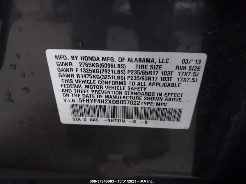2013 HONDA PILOT LX - 5FNYF4H2XDB057022