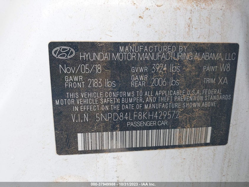 VIN 5NPD84LF8KH429572 2019 HYUNDAI ELANTRA SEL/VALUE/LIMITED