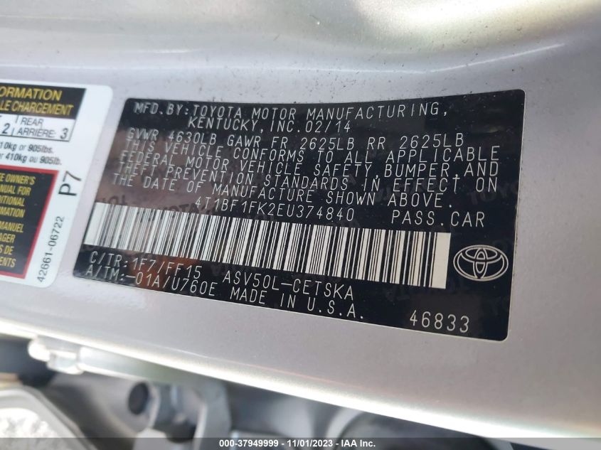 2014 TOYOTA CAMRY L/SE/LE/XLE - 4T1BF1FK2EU374840