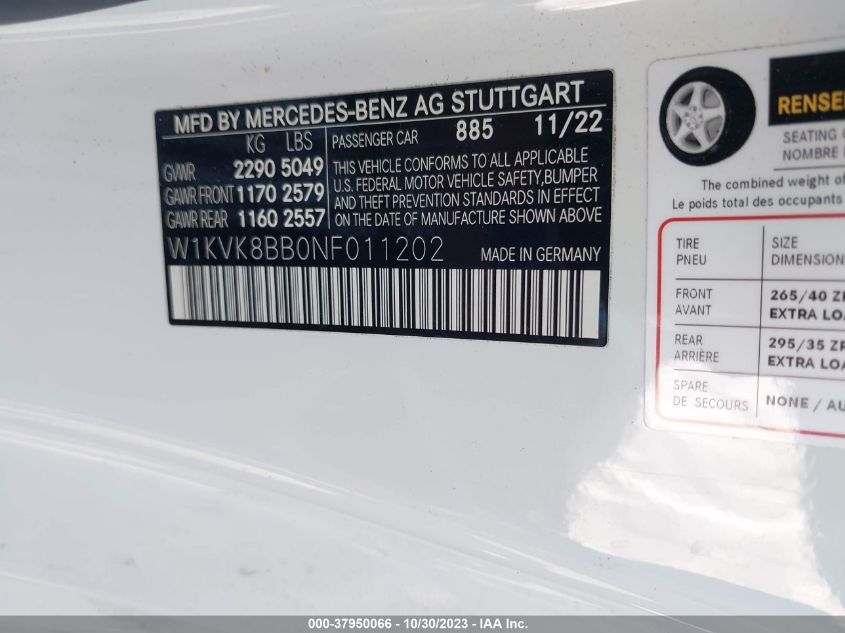 2022 MERCEDES-BENZ AMG SL 63 4MATIC W1KVK8BB0NF011202