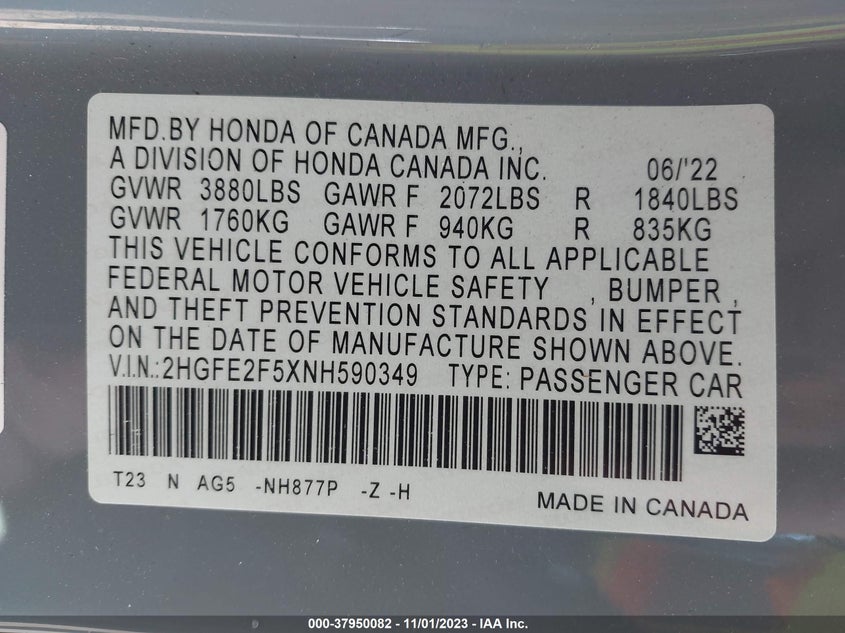 VIN 2HGFE2F5XNH590349 2022 HONDA CIVIC SPORT