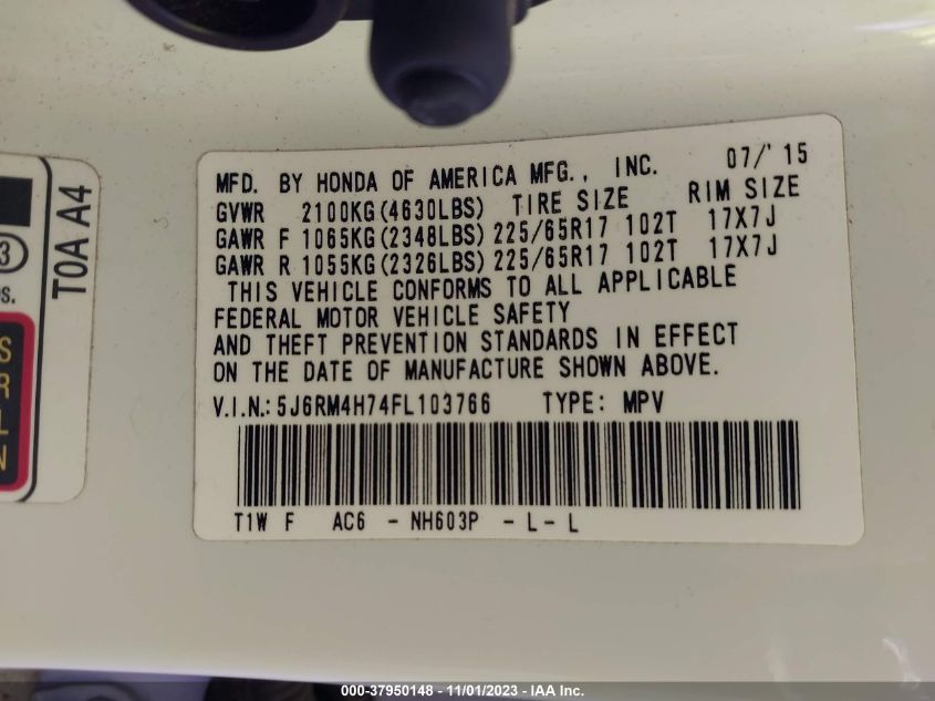 2015 HONDA CR-V EX-L - 5J6RM4H74FL103766