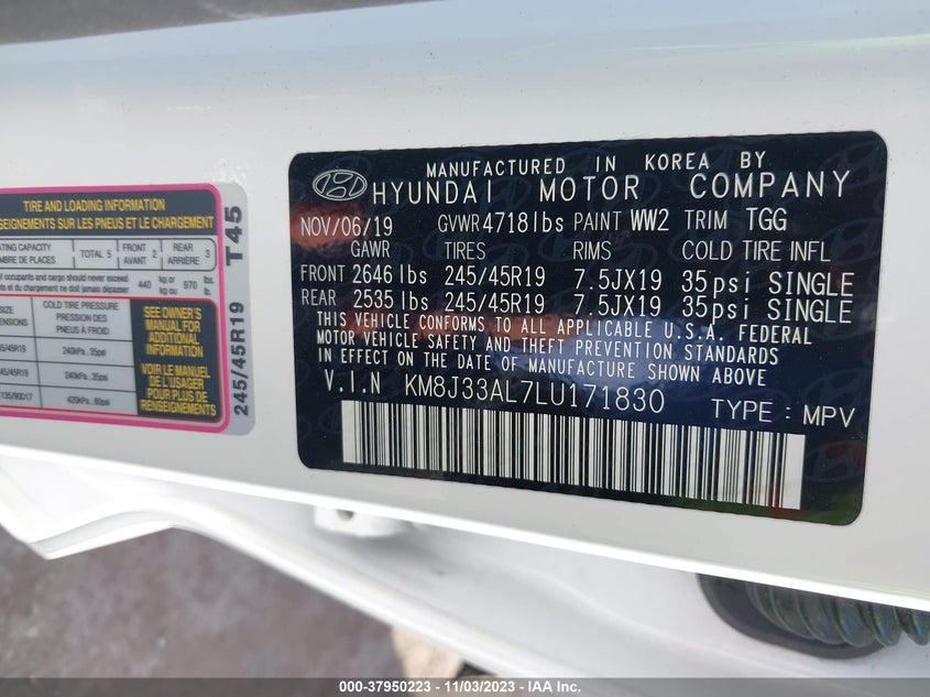 VIN KM8J33AL7LU171830 2020 HYUNDAI TUCSON LIMITED/SEL/SPORT/ULTIMAT