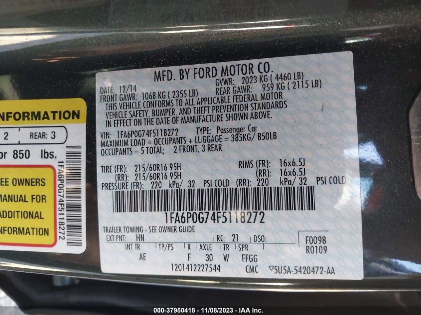 2015 FORD FUSION S - 1FA6P0G74F5118272