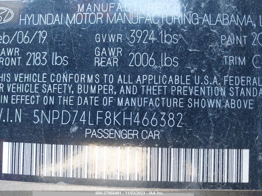 VIN 5NPD74LF8KH466382 2019 HYUNDAI ELANTRA SE