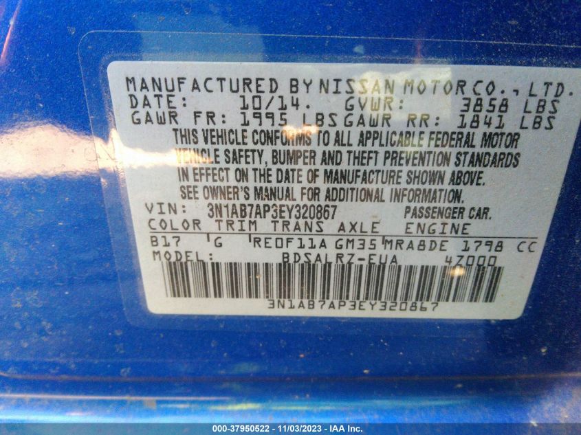 2014 NISSAN SENTRA SR - 3N1AB7AP3EY320867