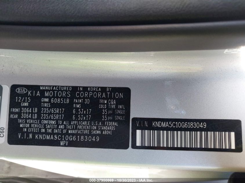 2016 KIA SEDONA L - KNDMA5C10G6183049