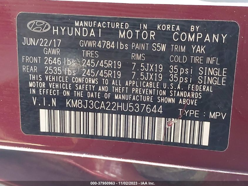 2017 HYUNDAI TUCSON SPORT - KM8J3CA22HU537644