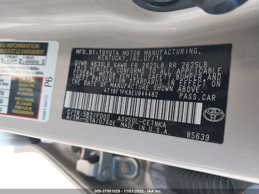 2014 TOYOTA CAMRY L/LE/XLE/SE/SE SPORT - 4T1BF1FK8EU844482