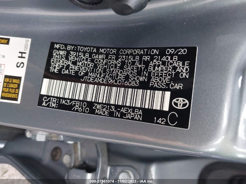 2021 TOYOTA COROLLA HYBRID LE - JTDEAMDE9MJ016083