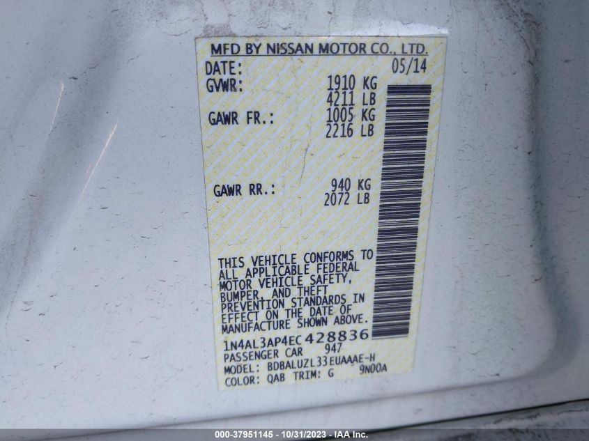 2014 NISSAN ALTIMA 2.5/S/SV/SL - 1N4AL3AP4EC428836