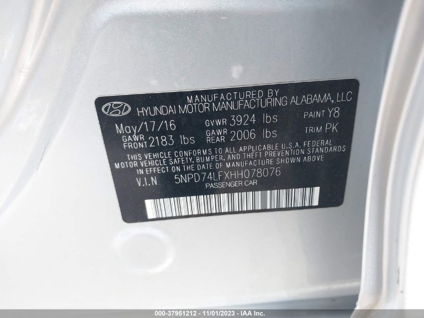 2017 HYUNDAI ELANTRA SE - 5NPD74LFXHH078076