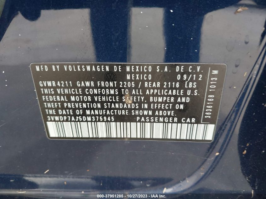 2013 VOLKSWAGEN JETTA SEDAN SE 3VWDP7AJ5DM375945
