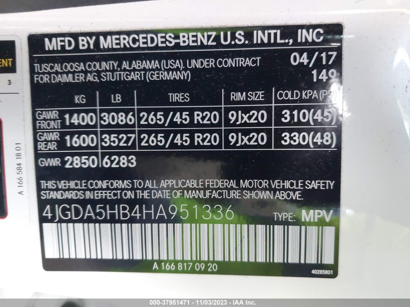 VIN 4JGDA5HB4HA951336 2017 MERCEDES-BENZ GLE 350 4MATIC