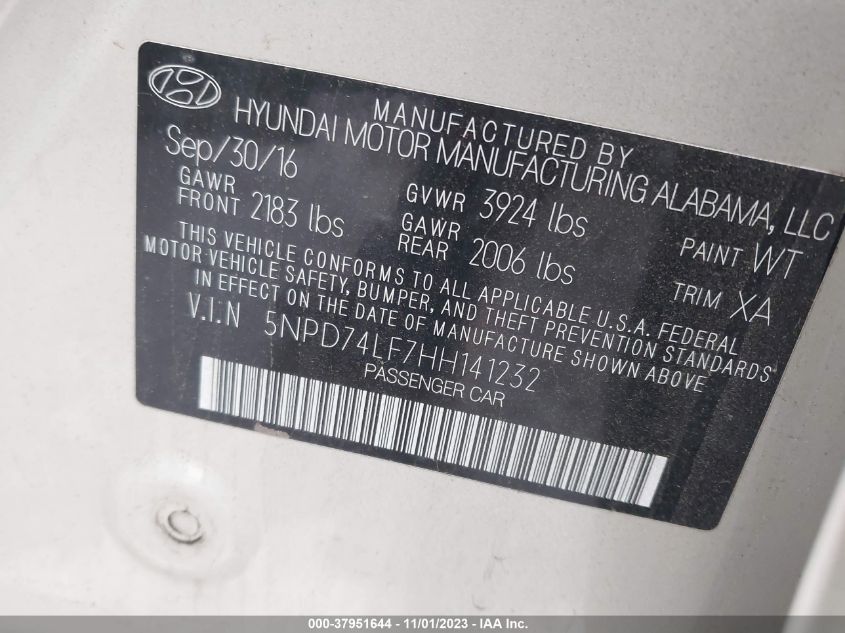 2017 HYUNDAI ELANTRA SE - 5NPD74LF7HH141232