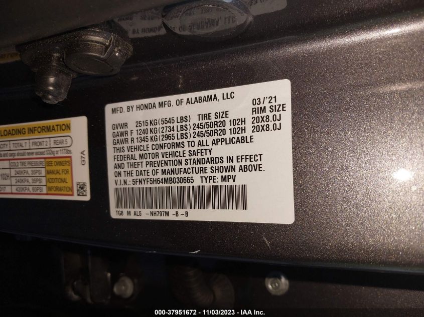 2021 HONDA PILOT TOURING - 5FNYF5H64MB030665