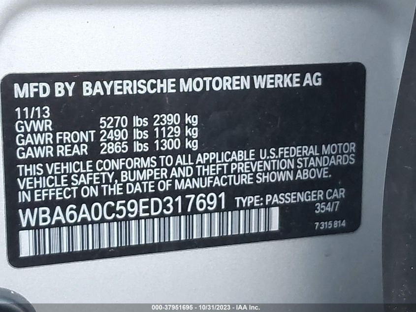 2014 BMW 640I GRAN COUPE WBA6A0C59ED317691