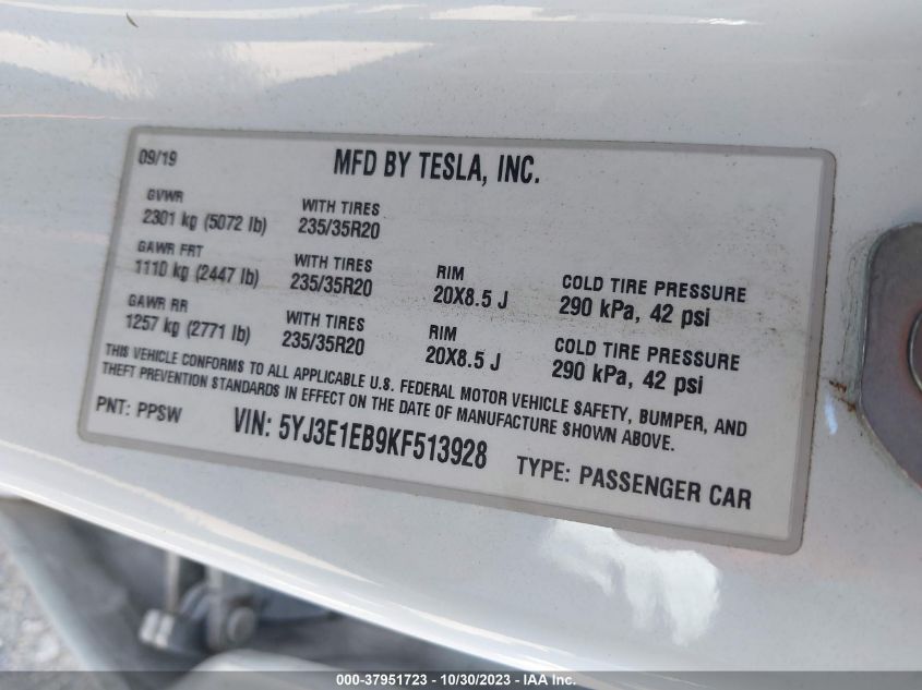 2019 TESLA MODEL 3 LONG RANGE/PERFORMANCE - 5YJ3E1EB9KF513928