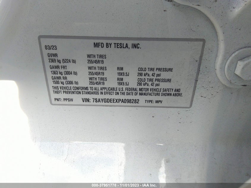 VIN 7SAYGDEEXPA098282 2023 TESLA MODEL Y