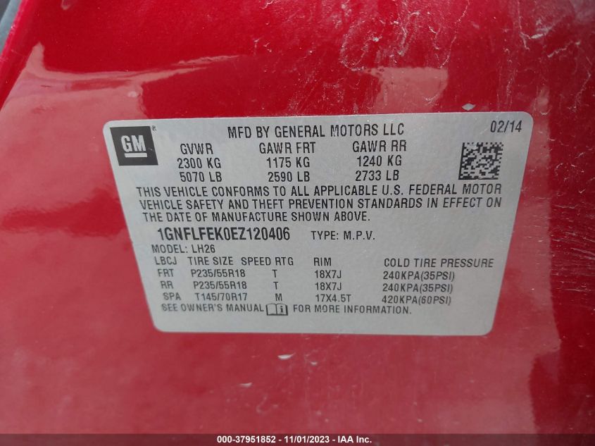2014 CHEVROLET EQUINOX LT - 1GNFLFEK0EZ120406
