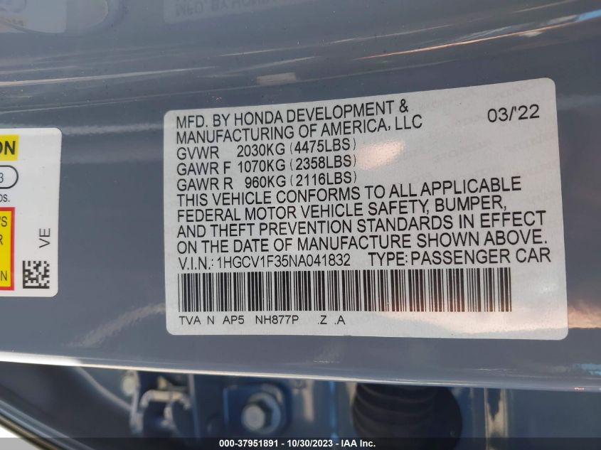 2022 HONDA ACCORD SPORT - 1HGCV1F35NA041832