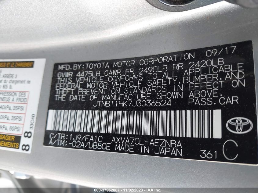 2018 TOYOTA CAMRY LE/SE/XLE/L - JTNB11HK7J3036524