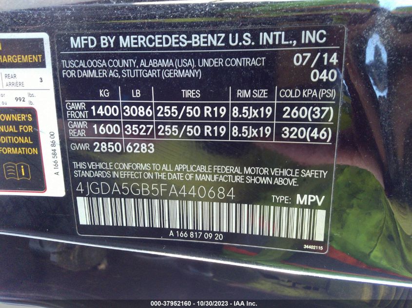 2015 MERCEDES-BENZ ML 400 4MATIC 4JGDA5GB5FA440684