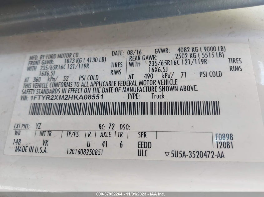 VIN 1FTYR2XM2HKA08551 2017 FORD TRANSIT VAN