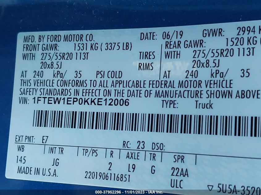 2019 FORD F-150 XL - 1FTEW1EP0KKE12006