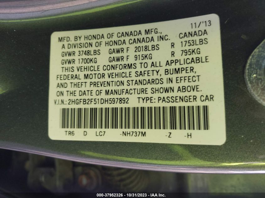 2013 HONDA CIVIC SDN LX 2HGFB2F51DH597892