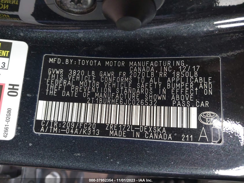 VIN 2T1BURHE6JC026532 2018 TOYOTA COROLLA SE