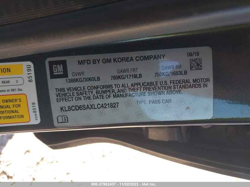 VIN KL8CD6SAXLC421827 2020 CHEVROLET SPARK 1LT