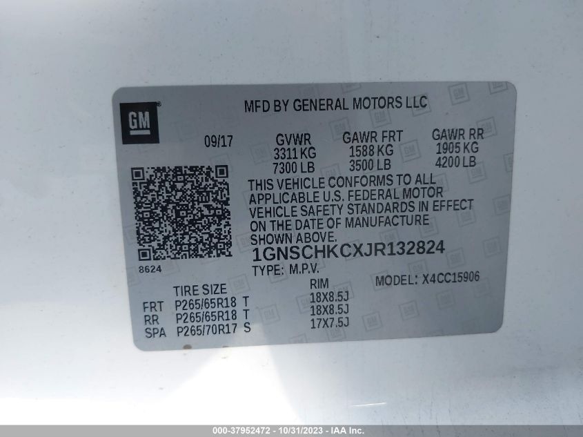 2018 CHEVROLET SUBURBAN C1500 LT - 1GNSCHKCXJR132824