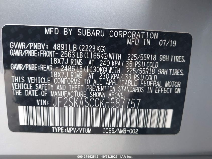 2019 SUBARU FORESTER LIMITED - JF2SKASC0KH587757