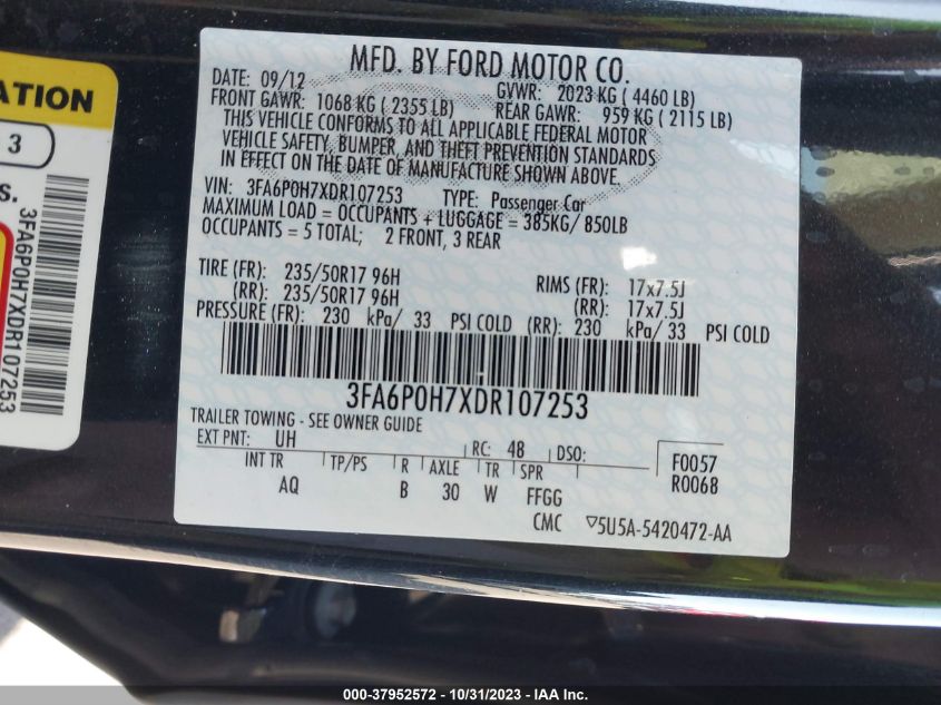2013 FORD FUSION SE - 3FA6P0H7XDR107253